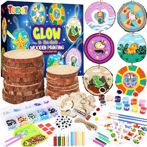 Wooden Painting Kit-Glow in The Dark, Arts and Crafts for Kids Ages 8-12, Craft Kits for Kids Ages 4-8,Craft Supplies for Girls Boys with Wood Slices,Activities Craft Art Projects for Kids 6-8