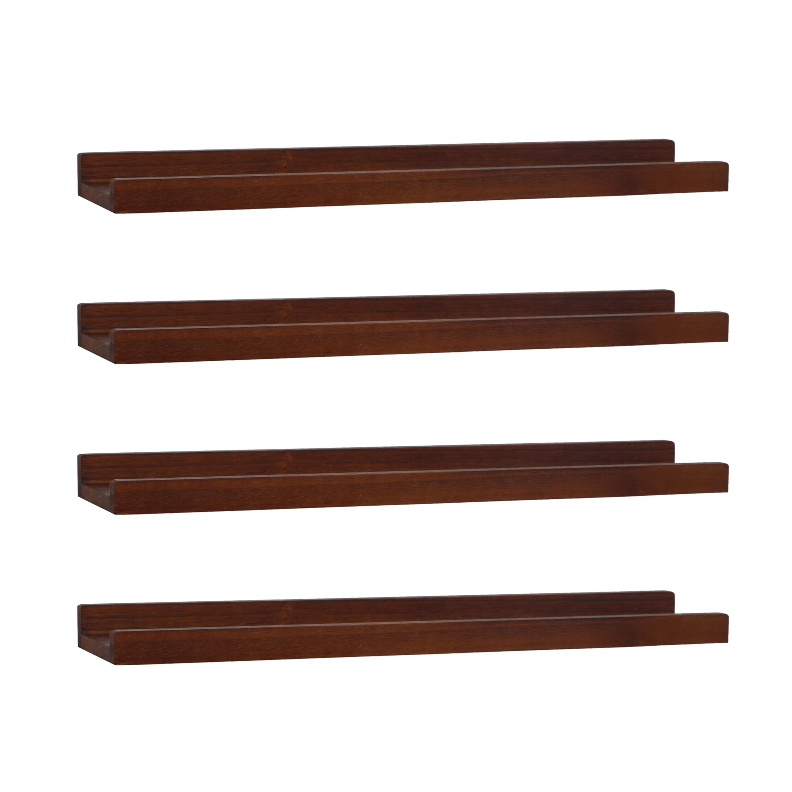 MIHORLIFE Solid Wood, 60cm Wall Picture Shelves Ledge, Rustic Wood Floating Shelf, Decorative Display Photo Racks For Living Room, Kitchen, Bedroom, Kitchen, Books, Set of 4, Walnut