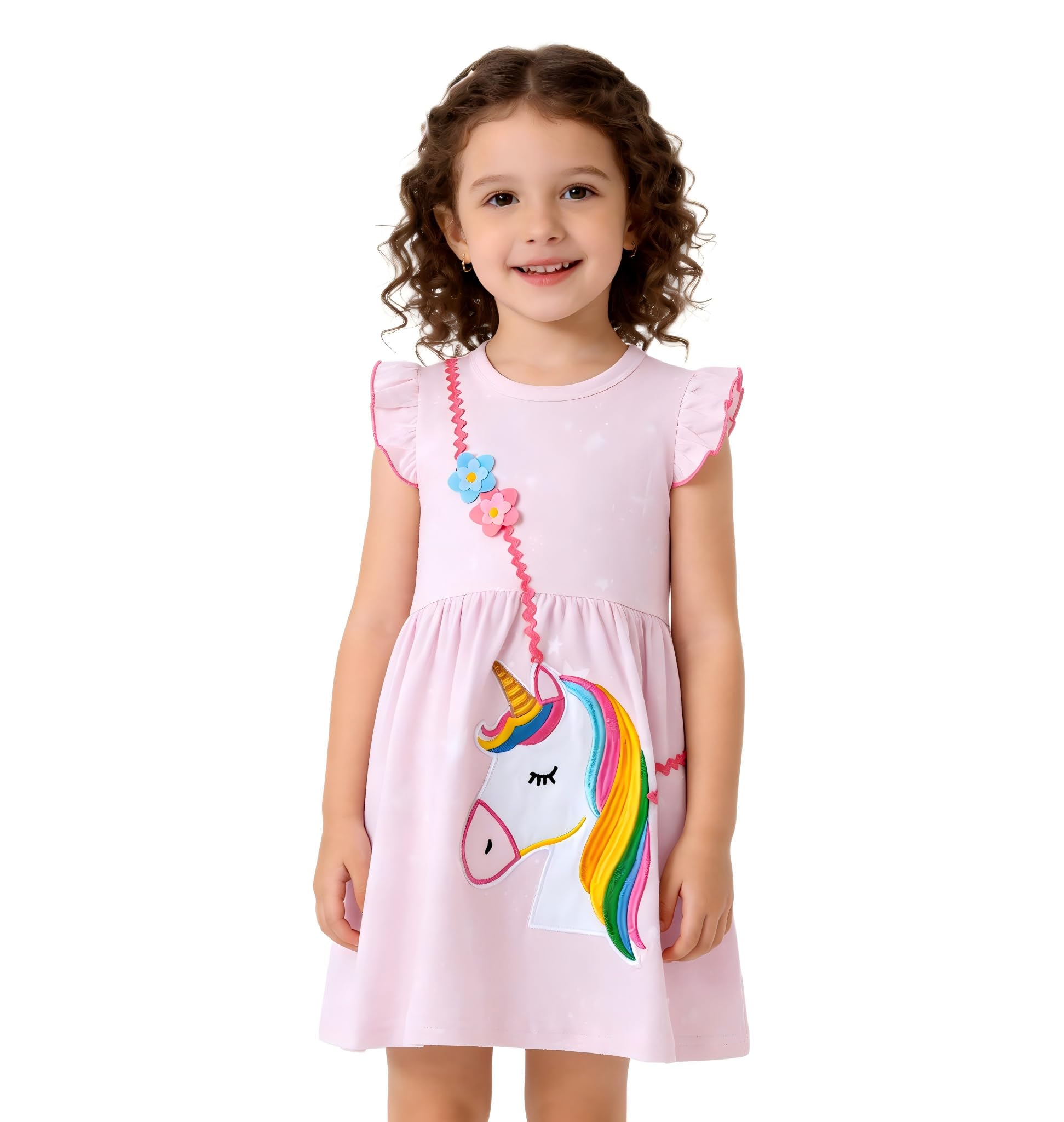 Vestido Niña Unicornio Manga Algodón Flores Verano Casual 2-8 Años