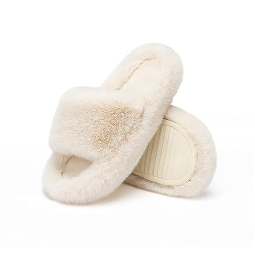 Chantomoo Women's Blue Memory Foam Faux Fur Lined Open Toe Slippers for Women - US 12 - 9-10 - Beige