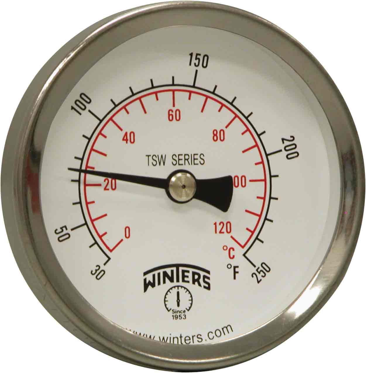 Winters TSW174LF Well Hot Water Thermometer, 1/2" NPT, 30 to 250 degrees F, ±1% accuracy