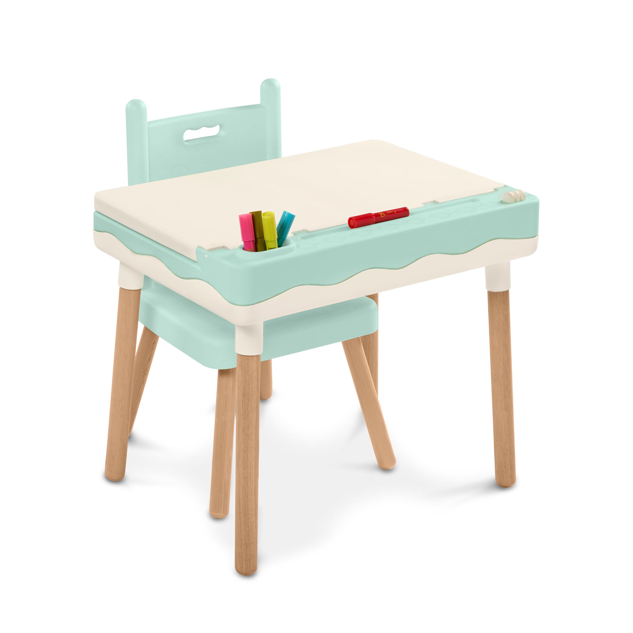 B. toys scrivania e sedia per bambini, con portamatite integrato | Con portamatite e gestione dei cavi integrata; 63,5 x 47 x 58,7 cm; Set da 10; verde menta e avorio; 3+ anni