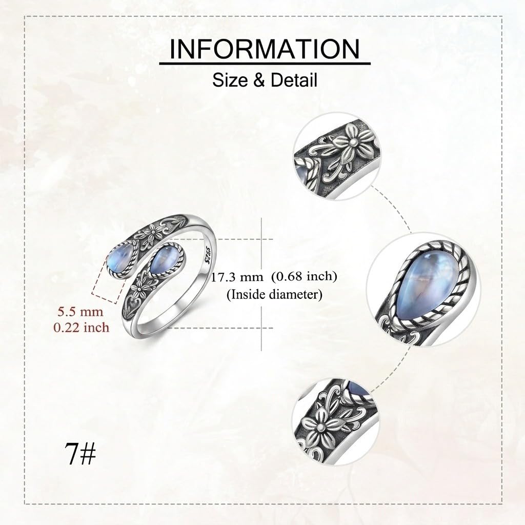 Mondstein Ring für Damen aus 925er Sterlingsilber Moosachat/Tigerauge/Türkis/Opal/Schwarzem Onyx Verstellbare Daumenringe im Vintage Löffel Blumen Schmuck Geschenk für Mutter Ehefrau