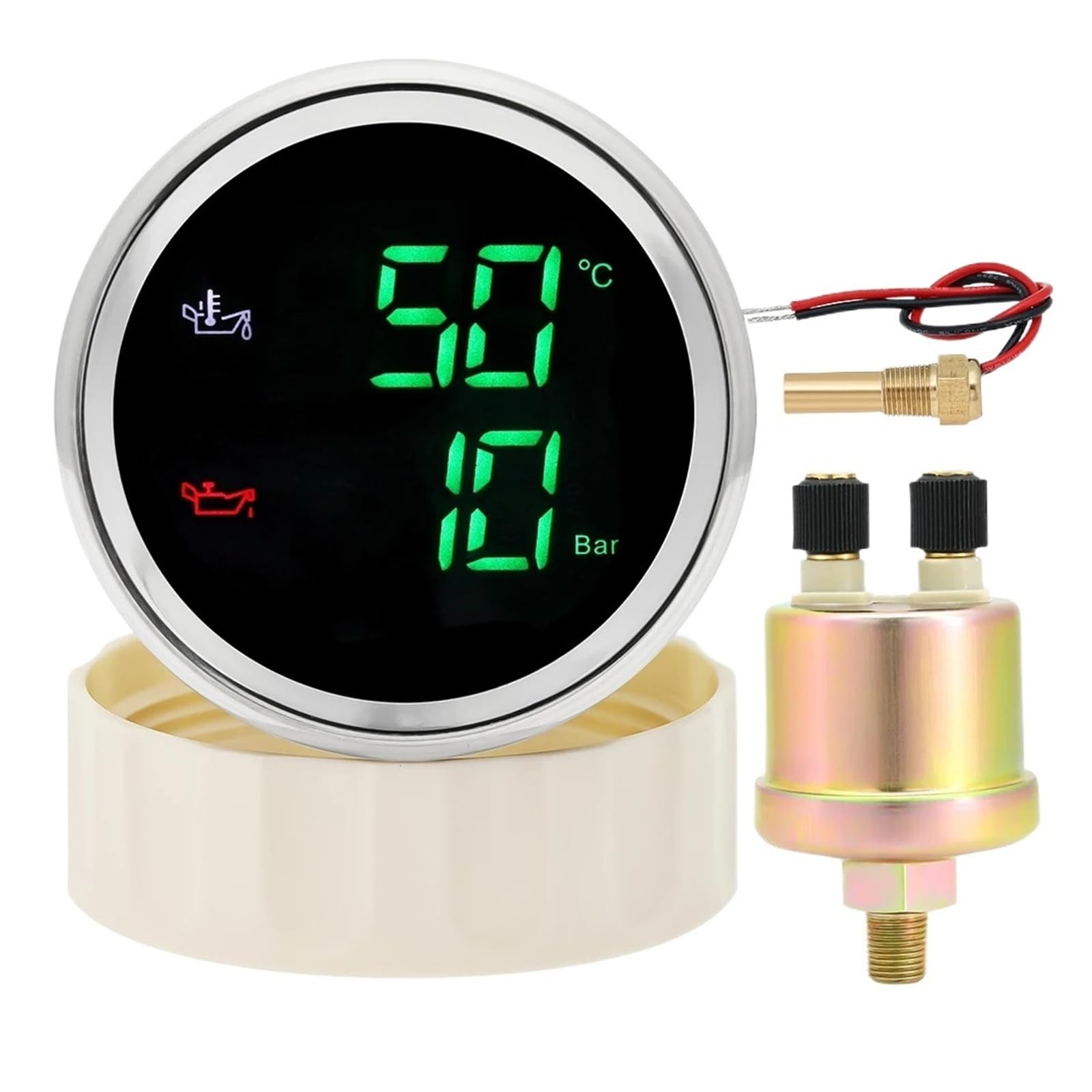 Medidor Digital 2 en 1 de temperatura de aceite + presión de aceite, LED verde y rojo, medidor de 52mm con Sensor for coche barco 12V24V Alta visibilidad(Green LED BS)
