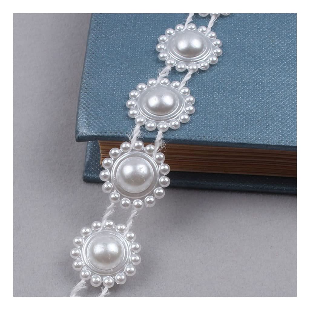 JEEIJ Huabian 2yards 15mm Round Flower Beaded Ribbon Cotton Thread Pearl Bead Lace, White Lace Trims For Clothes Decoration Wedding Ornaments