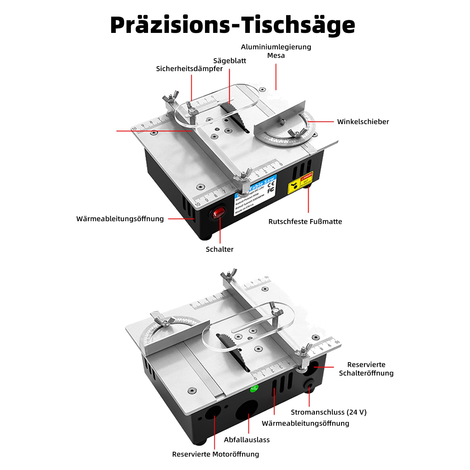 Mini Tischkreissäge, 7-Gang-Netzteil Einstellbarer,Tischkissägen Tragbare Präzisions Table Saw 0,1-15mm Sägeblatt Hönverstellbarer, Tischkreissäge mit 4 Klingen für DIY-Holzbearbeitugsprojekte