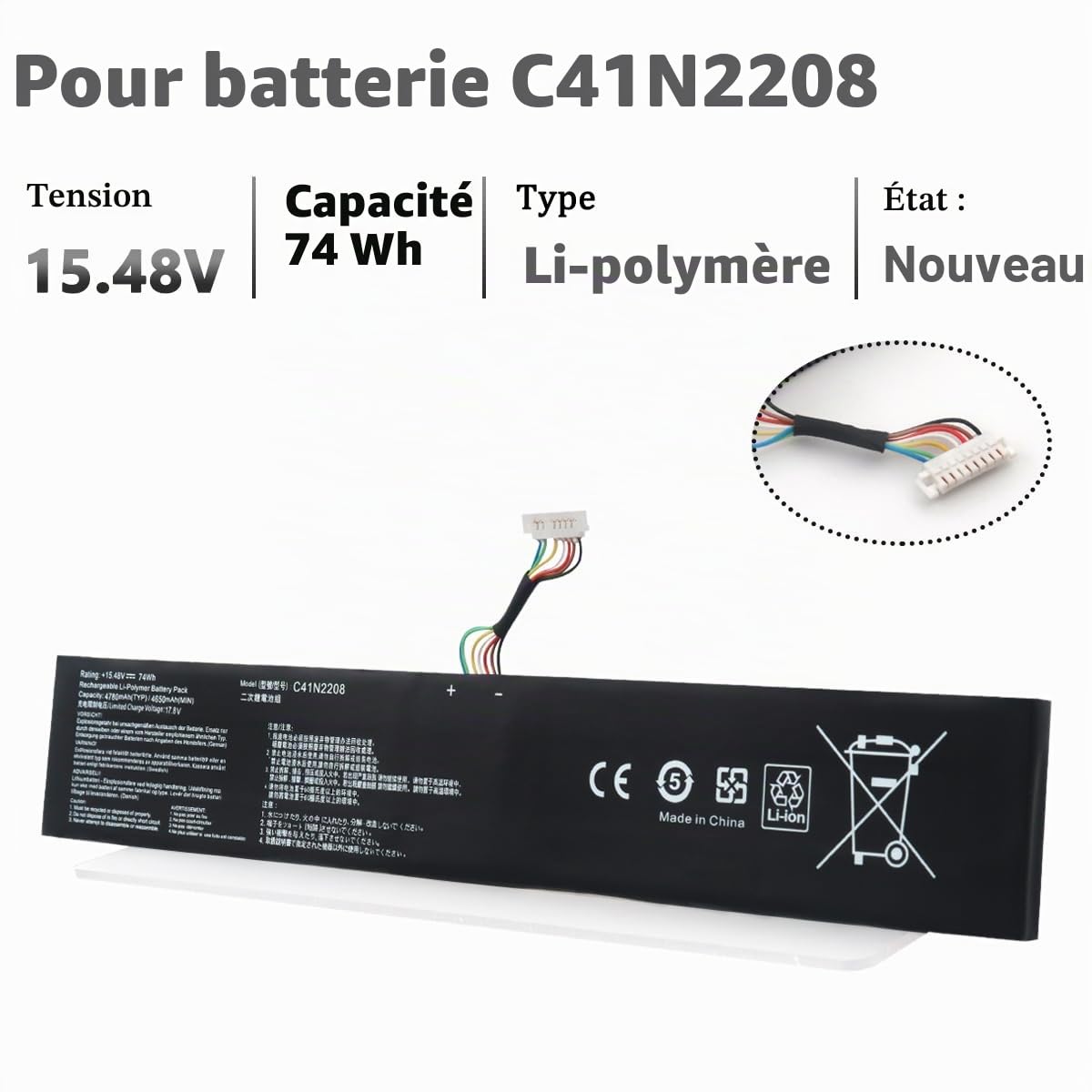 C41N2208 Batterie pour ASUS ROG Ally RC71L NR2301L (2023) RC71L-NH001W RC71L-NH002W RC71L-NH019W RC71L-NH005W RC71L NNH0008W RC71L-NH012W Gaming Handheld 4ICP5/42/79 15.48V 74Wh 4780mAh