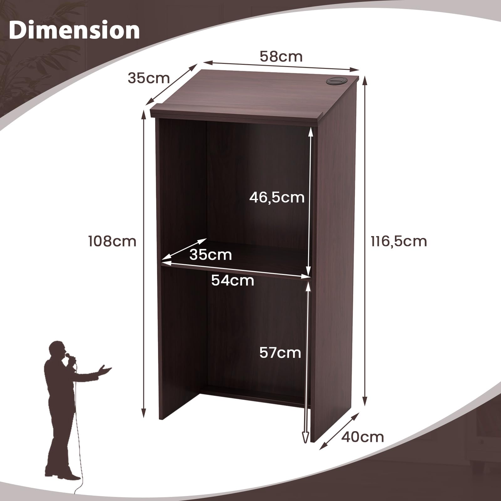 COSTWAY Podium Debout en Bois, Pupitre 117 cm, Surface Inclinée avec Rebord, Lutrin avec Étagère de Rangement et Trous pour Câbles, pour Église, Bureau, École, Séminaire (Brun)