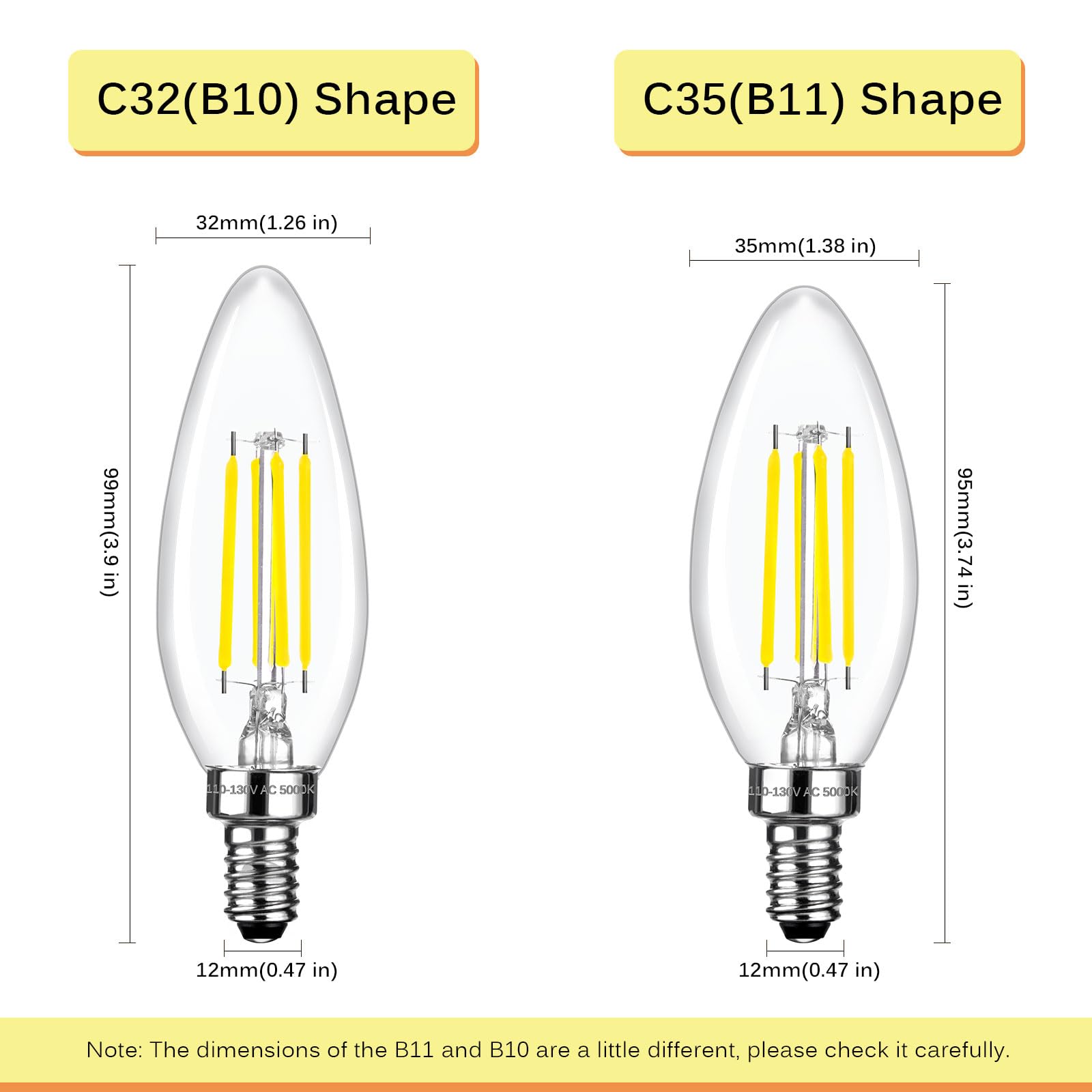Brtstiun C35 dimmbare LED-Kerzen-Leuchtmittel, entspricht 40 Watt, 5000 K Tageslichtweiß, 470 Lumen, E12 4 W B11 Deckenventilator und Kronleuchter, 12 Stück