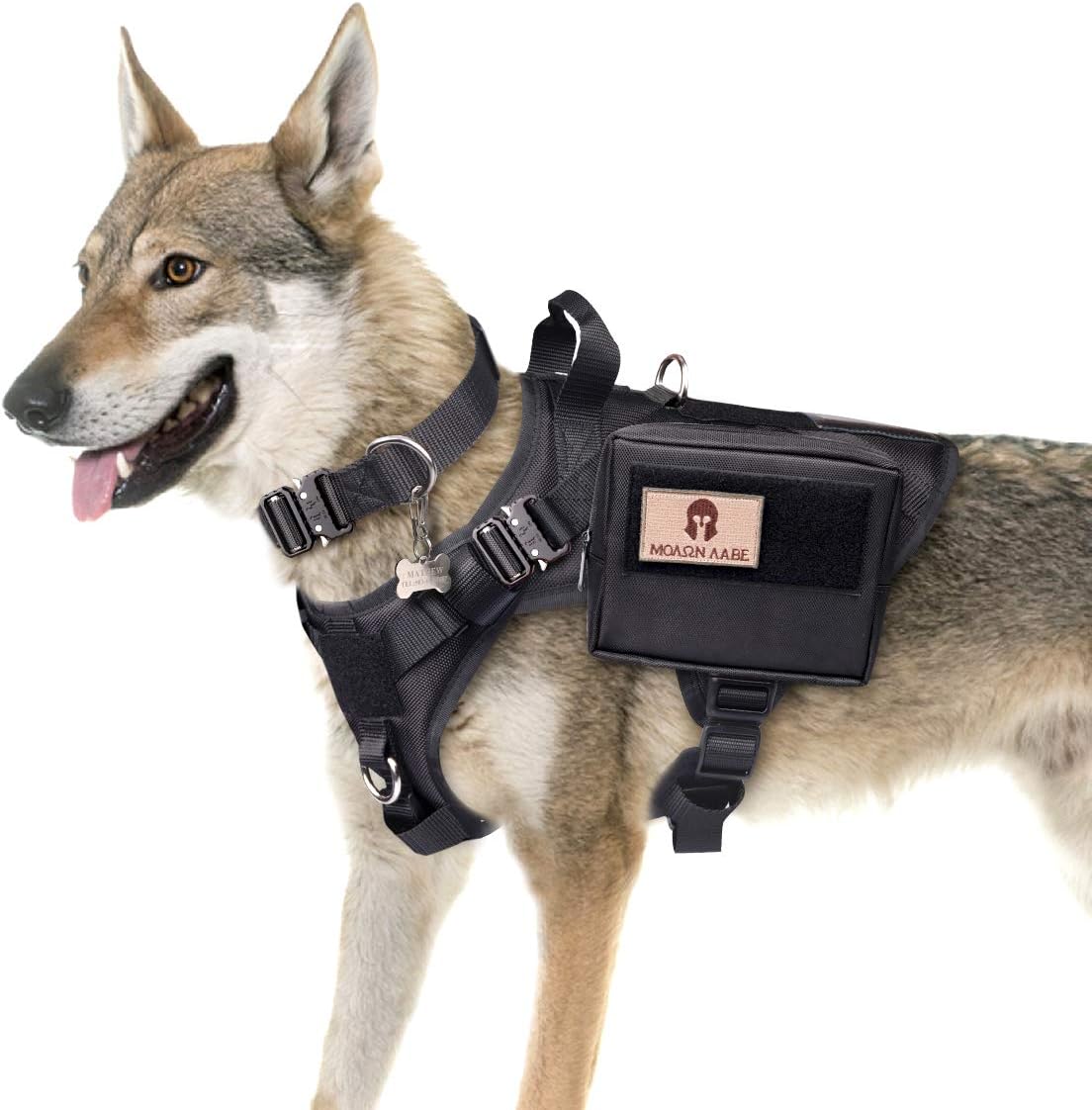 WINSEE Tactical Dog Harness and Collar with Backpack, Saddle Bag, Rucksack with 3X Metal Buckle, Working Pet MOLLE Vest with Handle & Loop Panel, No Pull Training Military Harness with Leash Clip