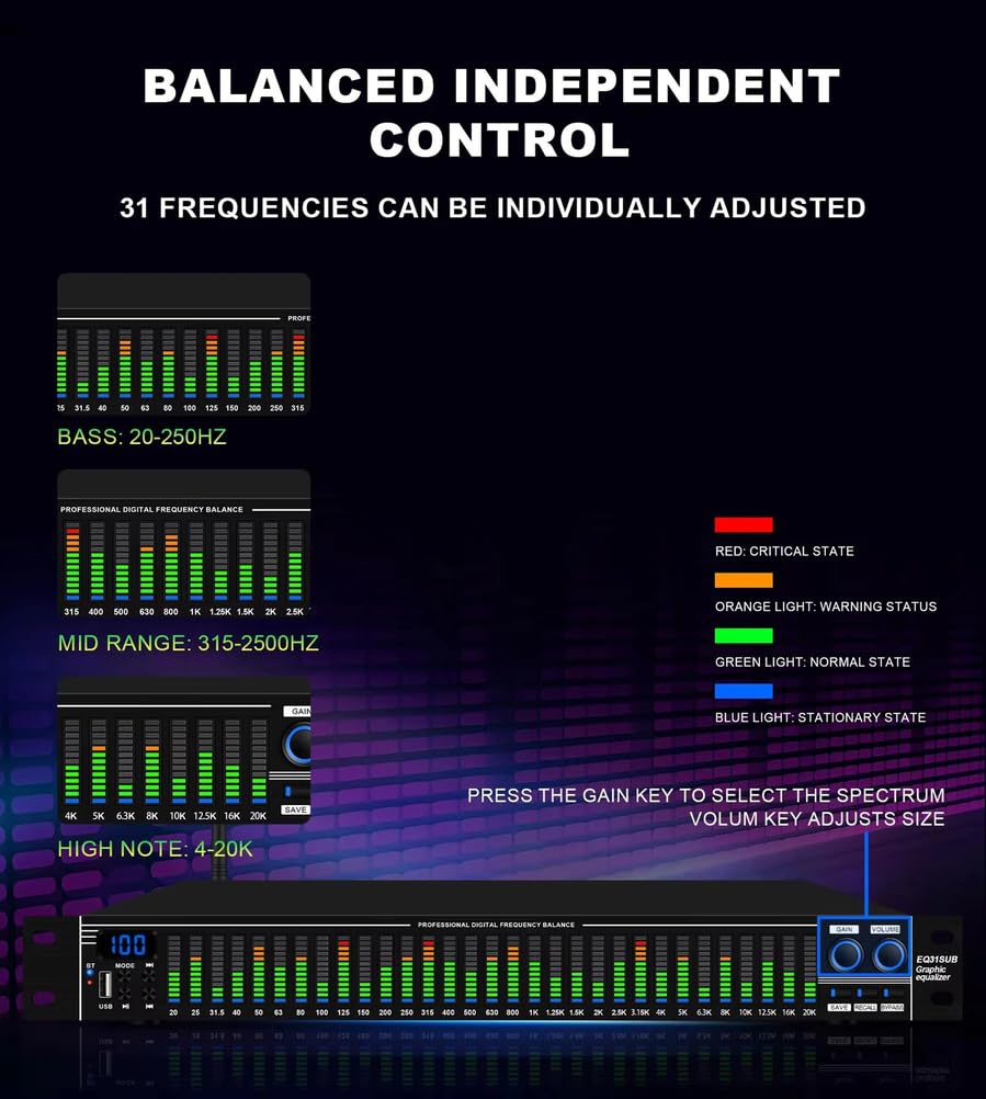Ecualizador Digital EQ31SUB Sintonizador de 31 Bandas Procesamiento de Audio con reducción de Ruido de Escenario Profesional Ecualizador gráfico estéreo con Pantalla LED de Espectro