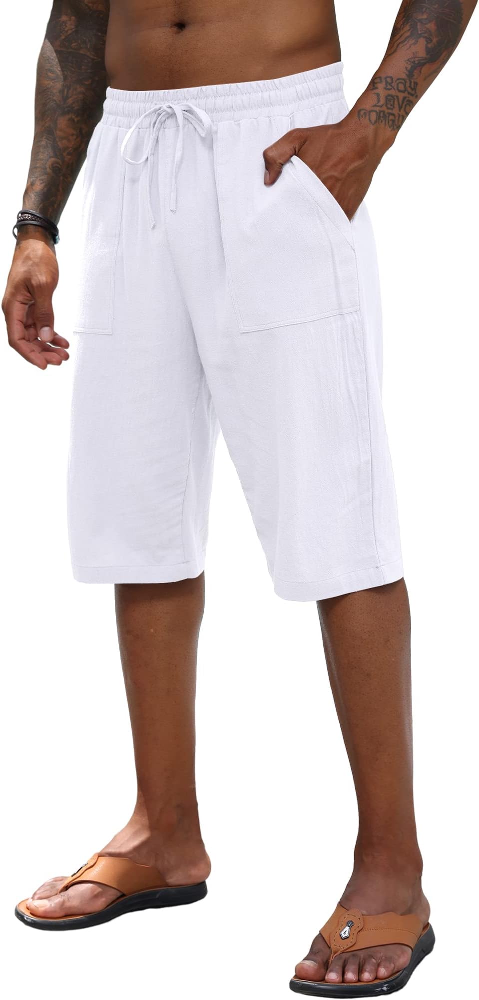 Mens Linen Shorts Casual Cotton Summer Beach Elastic Trousers 3/4 Length Pants Shorts