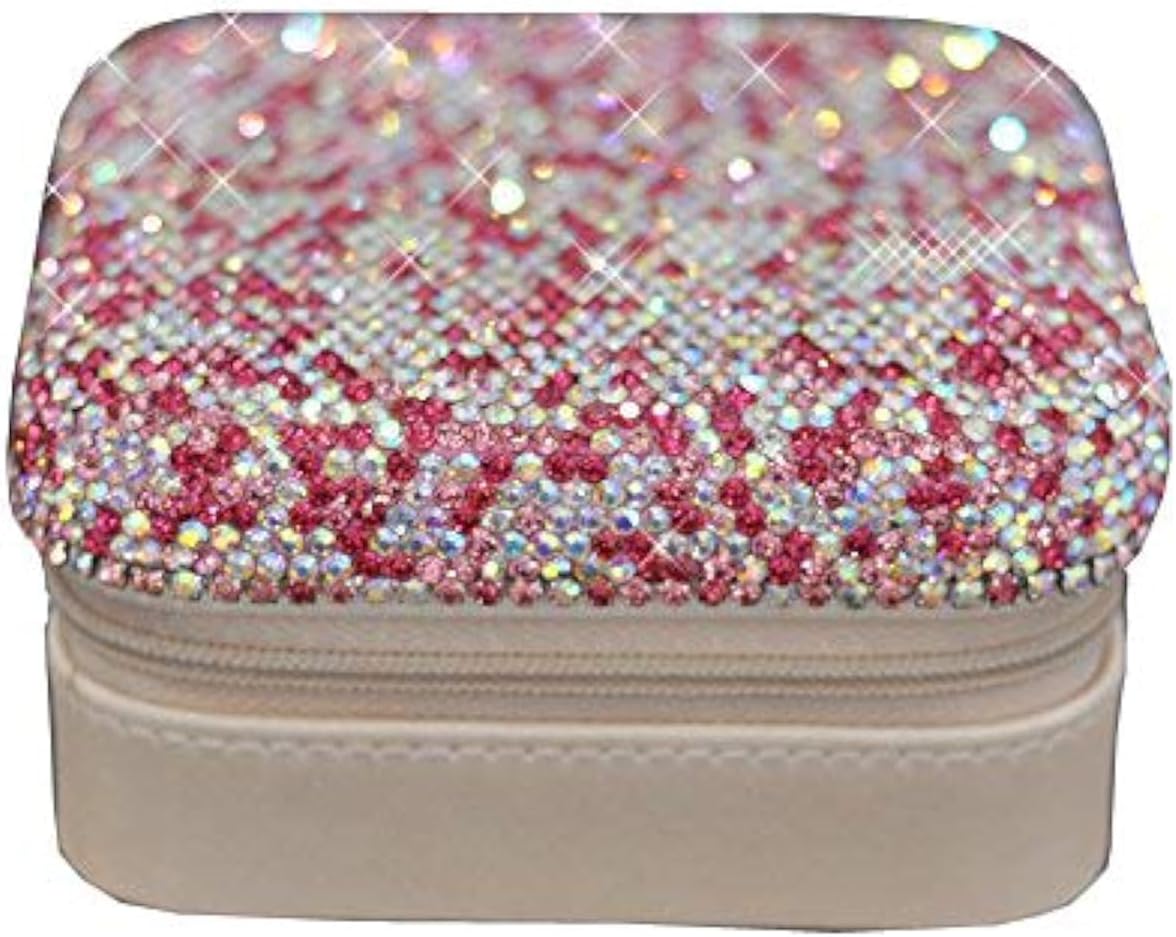 Luxury Rhinestone Jewelry Holder Pouch, Travel Portable PU leather Organizer Case w Compartments for Jewelry,Hair Pins (Pink)