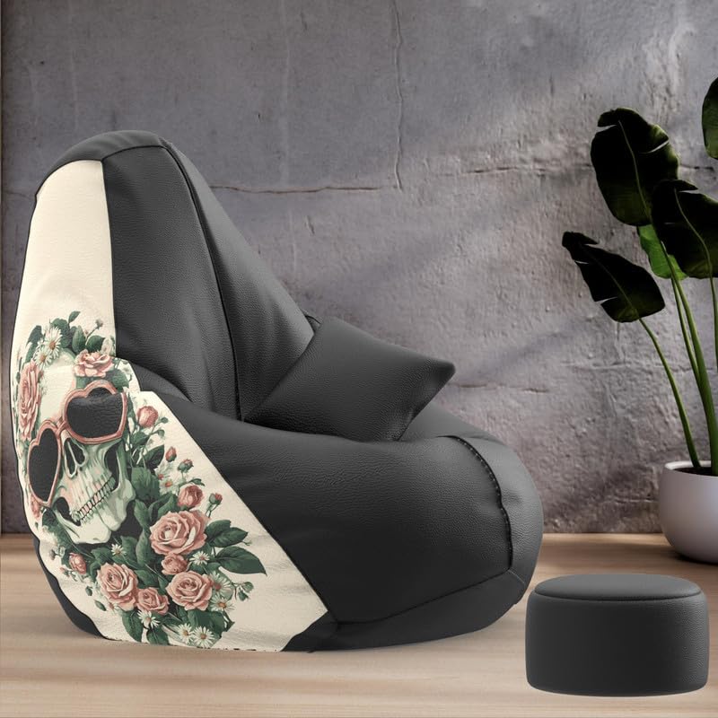 Biggie Bean Bag Chair Cover 4XL Evergreen Classics Bean Bag-Loud Prints-Soft Landings-Styled with Free Cushion & Footrest (Matching Color : Printed Rose Skull-Black)-image-9