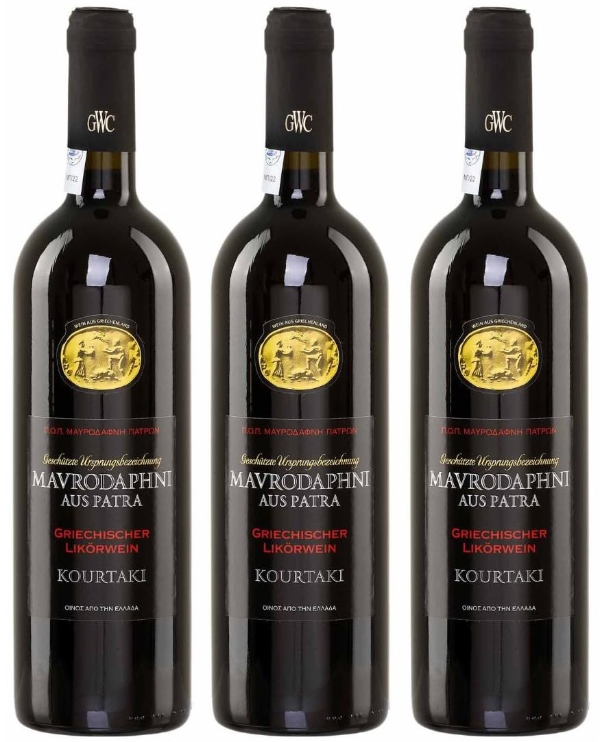 Kourtaki Mavrodaphne 3x 0,75l | Roter Dessertwein aus Patras | 15% Vol. | + 20ml Jassas Olivenöl