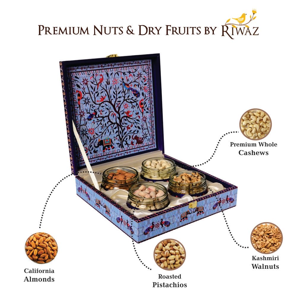 Riwaz Luxury Dry Fruit Gift Box | Premium Blue Peacock Design with 4 Salsa Jars of Almonds, Cashews, Pistachios & Walnuts | Ideal for Corporate, Wedding & Festive Gifting (450g) 2