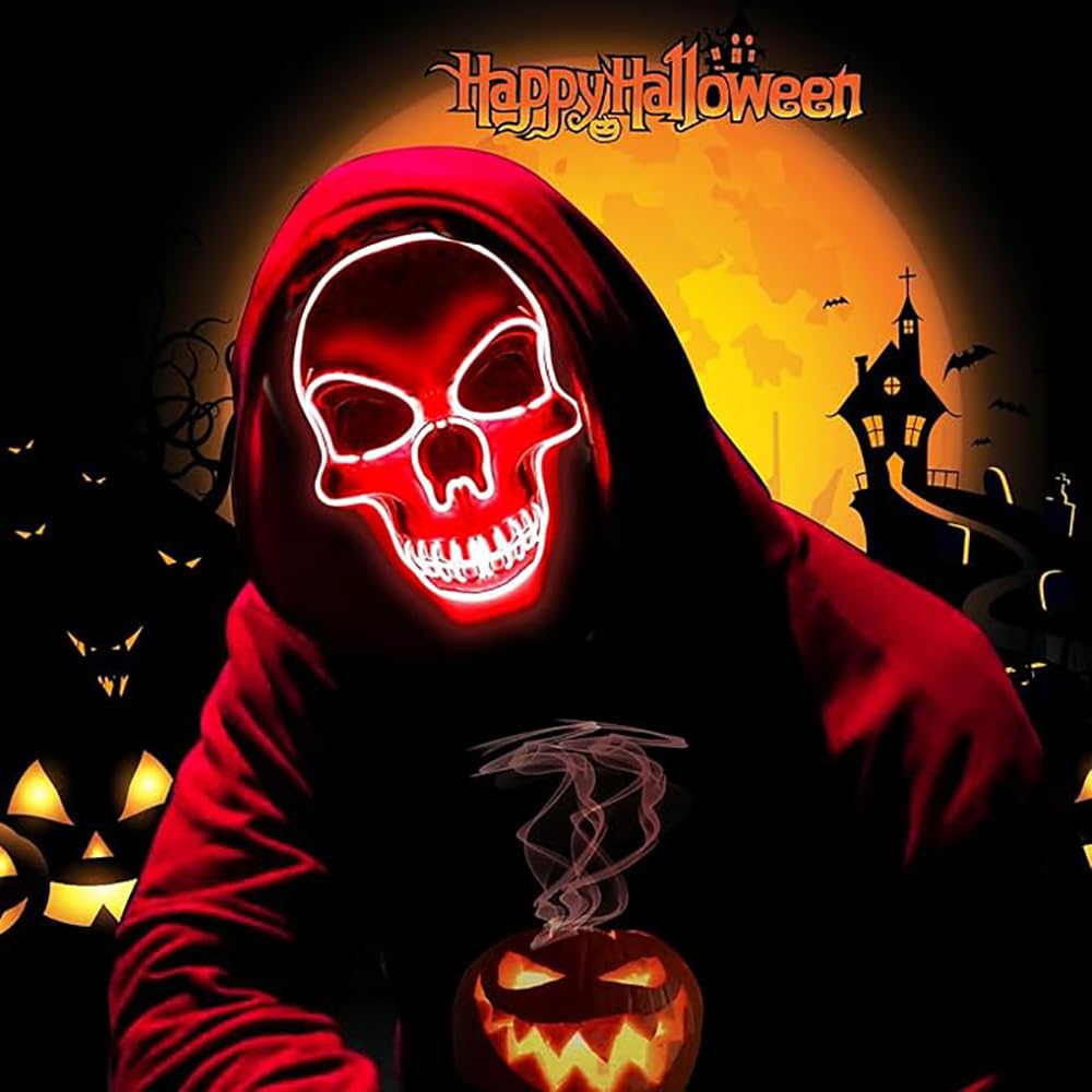 Scary Halloween Mask, LED Lighted White Ghost Face Mask with 3 Lighting Modes for Adult Men and Women, Glow Skull Mask for Halloween, Carnivals, Masquerades and Cosplay Costume Parties
