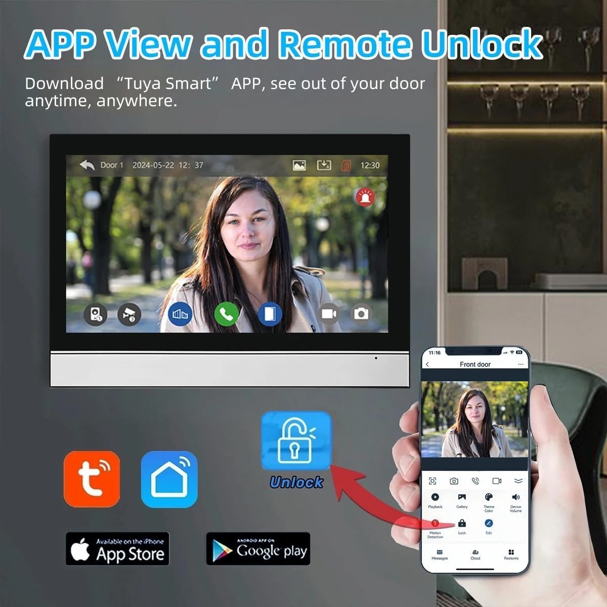 Timbre Inalámbrico con Cámara,Videoportero 4 Hilos,Detección Humana PIR,Audio Bidireccional,Videoportero WiFi,Timbre Casa,Visión Nocturna,IP65 Resistente al Agua (1 timbre + 1 monitor)