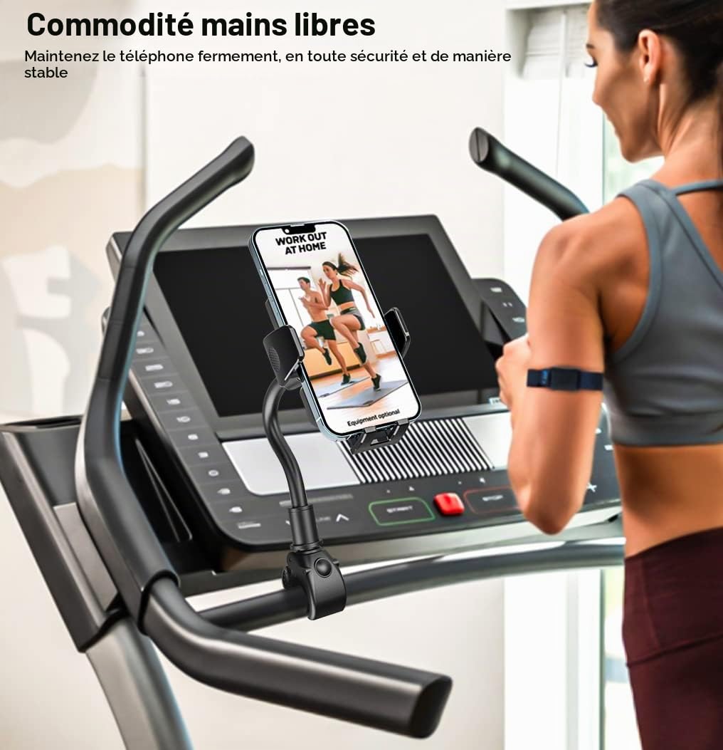 Support Téléphone Velo d'Appartement, Support Téléphone Tapis de Course | avec Col de Cygne [Flexible & Rotation] Elliptique Home Trainer Guidon Support pour iPhone 17 16 Pro Max, Google Pixel 4-7"