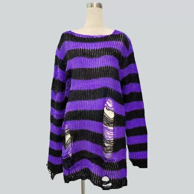 Womens Oversized Goth Punk Ripped Striped Long Sleeve Pullover Sweater Dress Tops Streetwear - Image 6