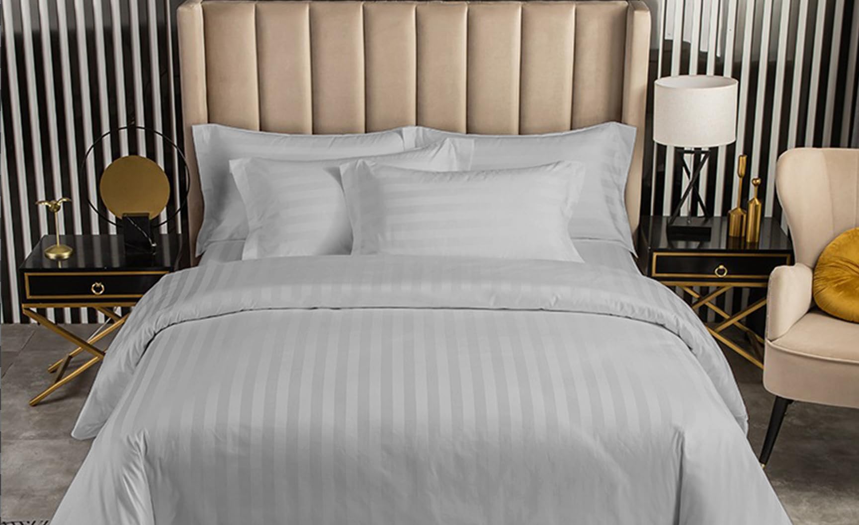 Hotel Bedding linen set, Super Soft Luxurious Bedding set includes 1 Fitted sheet (120x200 cm) 1 Duvet Cover (160x220cm) 2 Pillowcase (50x75 cm) (White Striped Single Bed Sheet Set-4 pcs) (Gray)
