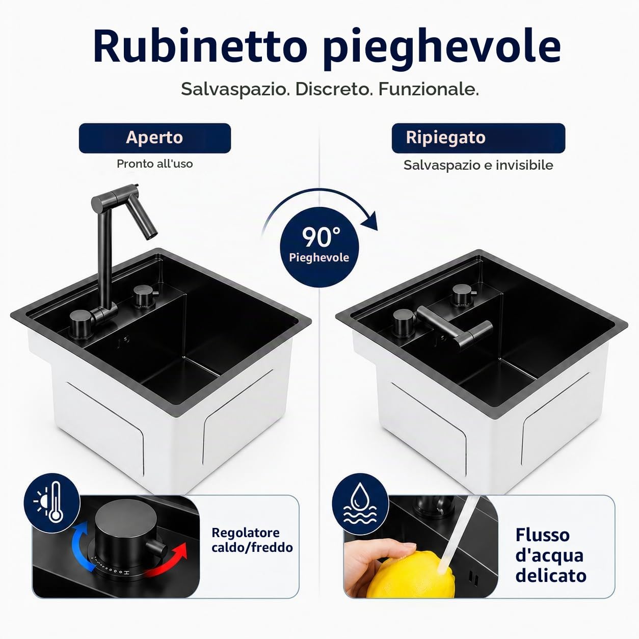 Lavello da Cucina in Acciaio Inossidabile 43x39 cm,Lavello A Scomparsa per Camper con Coperchio,Lavello Cucina 1 Vasca, Lavandino Cucina con con Sifone, Rubinetto Pieghevoli