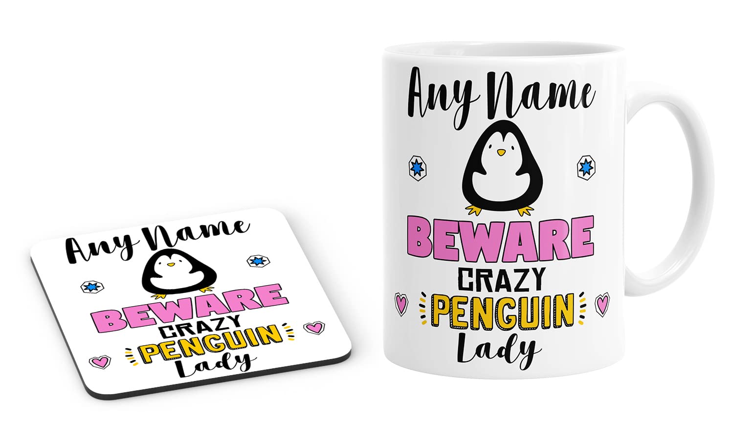 Beware Crazy Penguin Lady Personalised Custom Name Mug and Coaster Set Tea Coffe Cup Customised