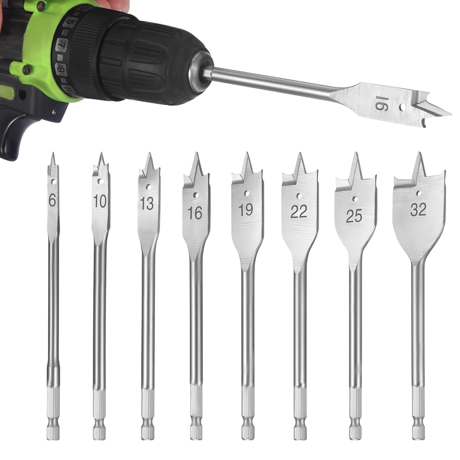 8PCS Holz Flachbohrer Set 6, 10, 13, 16, 19, 22, 25&32mm Spatenbohrer, Kohlenstoffstahl Holzbearbeitung Lochschneider Werkzeuge