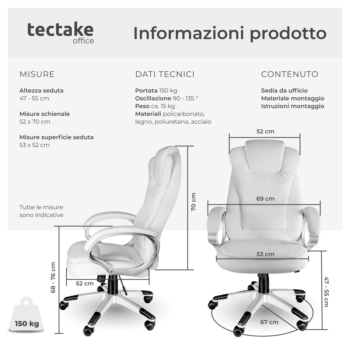 tectake® Poltrona da Ufficio Ergonomica, Sedia Ufficio con Imbottitura Extra Spessa, Poltrona con Poggia-testa Rinforzato, Regolazione Altezza con Molla a Gas, Inclinazione Personalizzabile - bianco