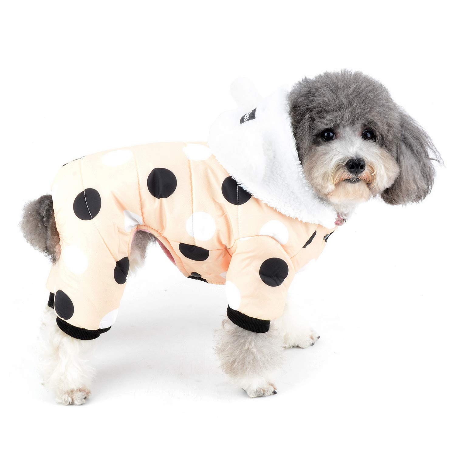Zunea Small Dog Snowsuit Waterproof Winter Coat Polka Dot Warm Fleece Lined Puppy Hoodie with Ears Windproof Overall Jumpsuit Pet Cat Parka Snow Suit Chihuahua Jacket Clothes Beige XXL