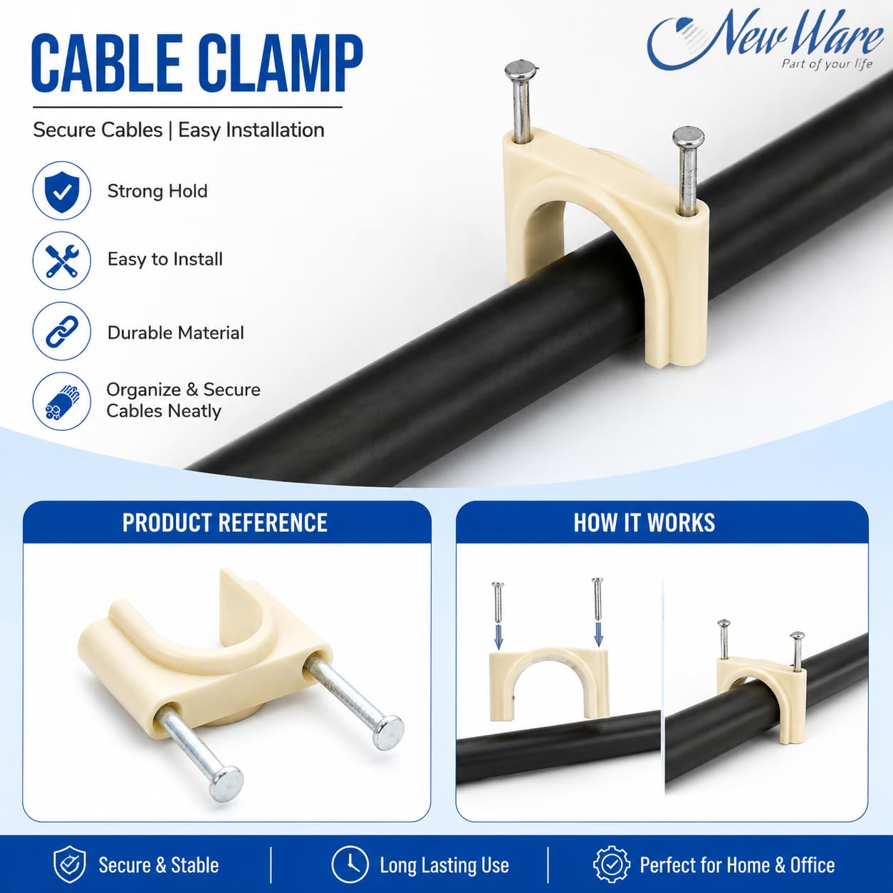 NEW WARE® 20 mm PVC U-Shaped Pipe Clamps with Flat Nail | Ivory Wire & Tube Holder Clips | Durable Mount Pipe Fixing Brackets for Electrical Wire, Cable & PVC Pipes | Cable Management | Pack of 25 3