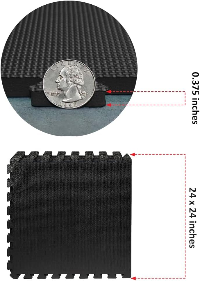 Interlocking EVA Foam Floor Mats 24"x24", 8-Piece Set, Shock-Absorbing, Non-Slip, Waterproof Exercise Tiles for Home Gym, Workout, Martial Arts & Playroom, Lightweight 4 Sq. Ft per Tile – Black