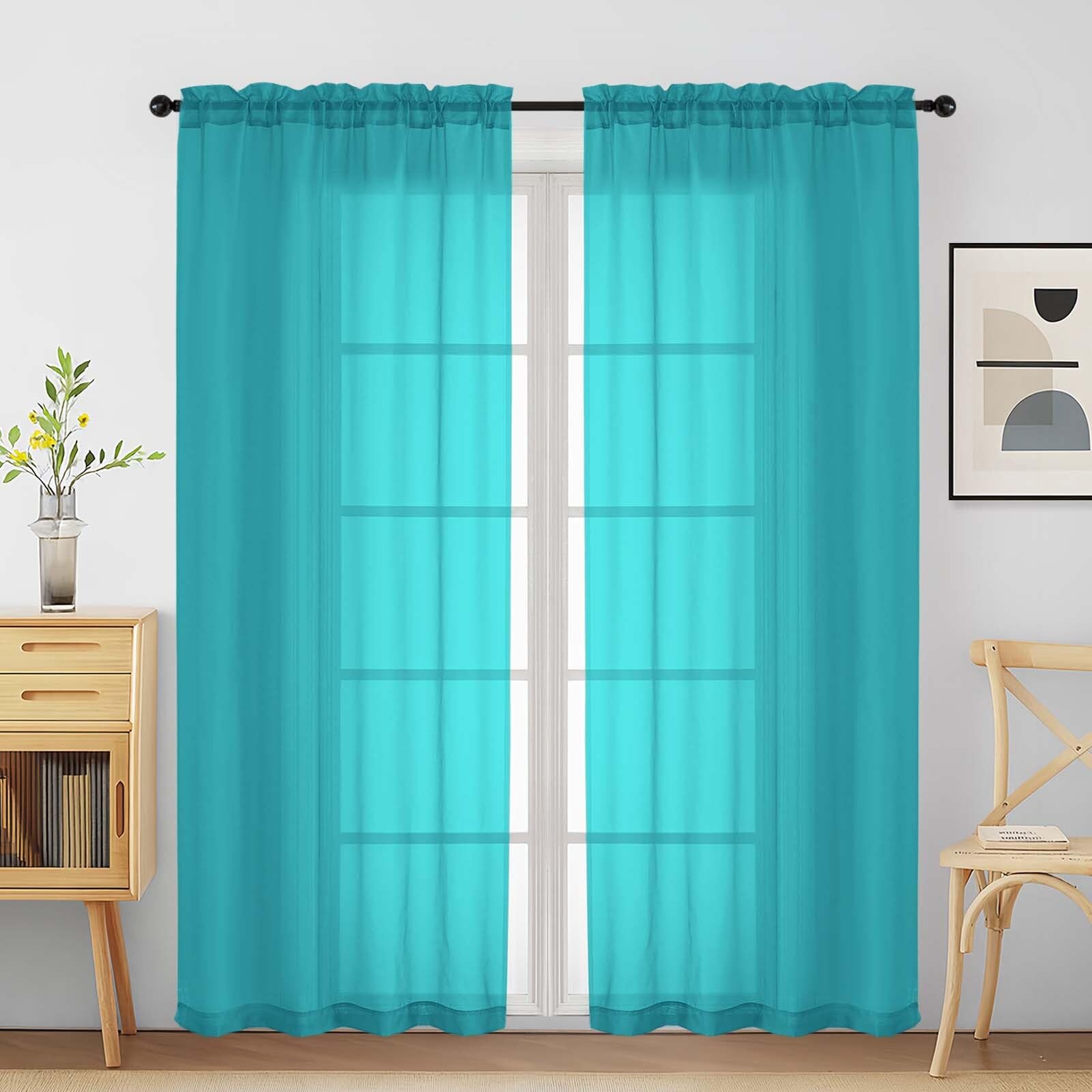 Ebesto Turquoise Sheer Curtains for Window 72 inches Long 2 Panels Set, Soft Airy Modern Light Filtering Sheer Curtains for Living Room Bedroom, Dual Rod Pocket Solid Window Drapes, 2x42Wx72L inches