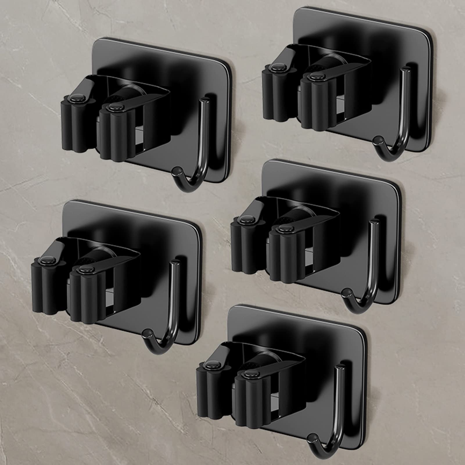 Supporto for mocio Autoadesivo, Appendiabiti for Montaggio a Parete con Ganci, Antiscivolo for impieghi gravosi, for Lavanderia, ripostiglio for Garage, Bagno (Color : Black, Size : 5 Pieces)