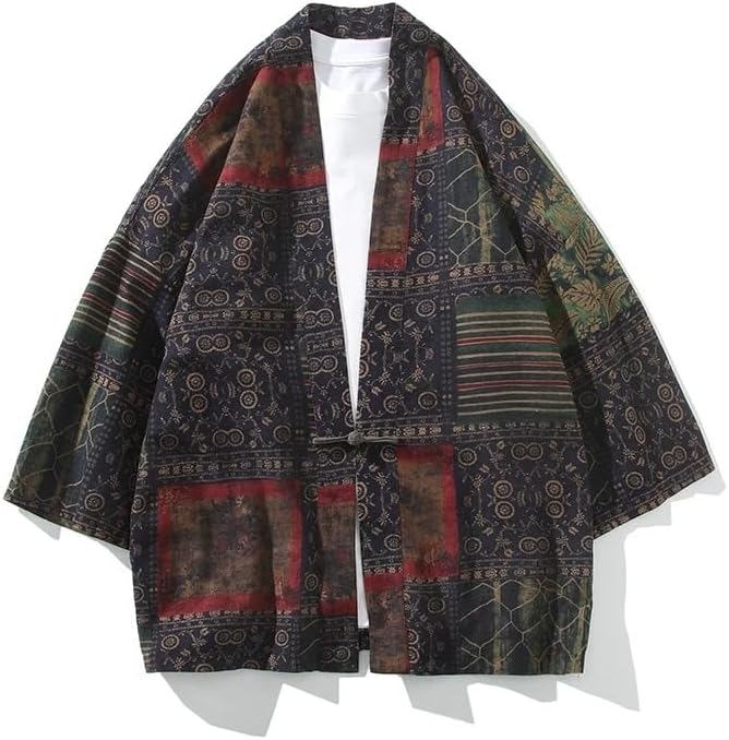 Summer Print Men Cotton Linen Cardigan Blouse Asian Clothes Harajuku Japanese Kimono