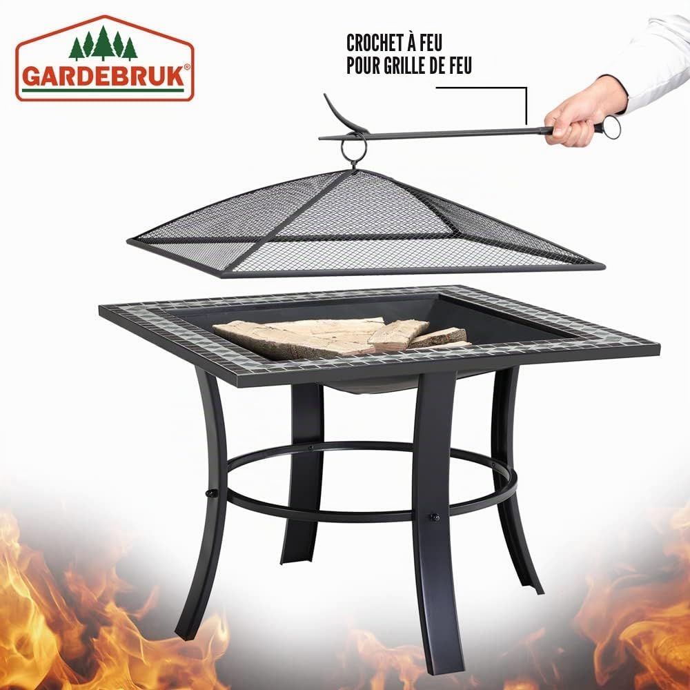 Brasero carré Runedak 76 cm Acier laqué Pierres mosaïque Accessoires Couvercle Jardin terrasse feu Bois Charbon briquette Barbecue