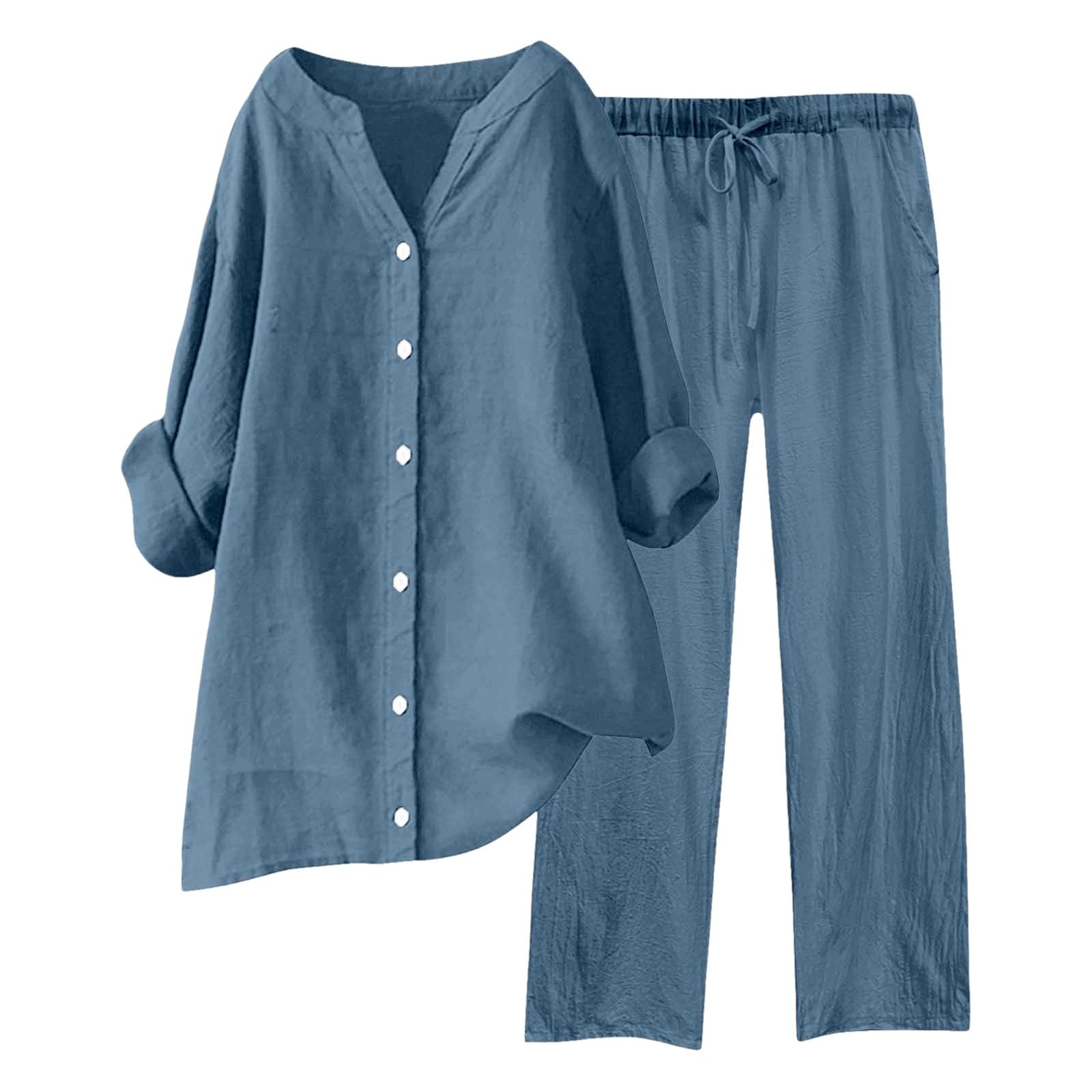 Ensemble Femme en Lin Tenue Chic Et Elegant Vetement Grande Taille Ete Jogging Hawaienne Tunique Pantalon Chemise Survêtements Haut Fluide Tenues Élégante Été Combinaison Robe Tailleurs-Pantalons