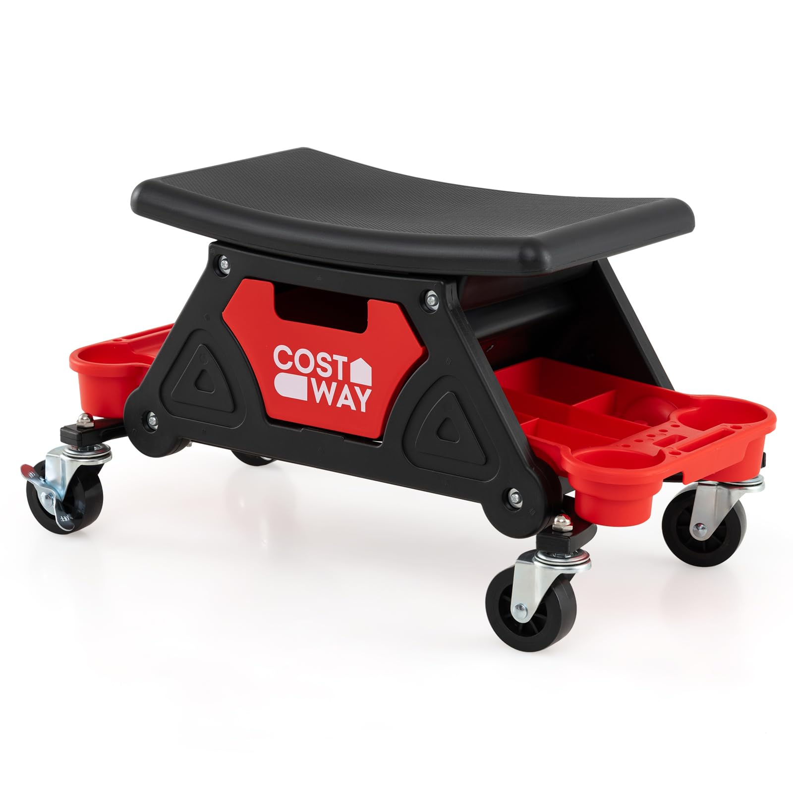 COSTWAY Sgabello da Officina con Ruote, Sedia Meccanico con Cassetto Estraibile e 2 Vassoi Divisori, Capacità di 135 kg, per Riparazione Auto, per Garage e Officina