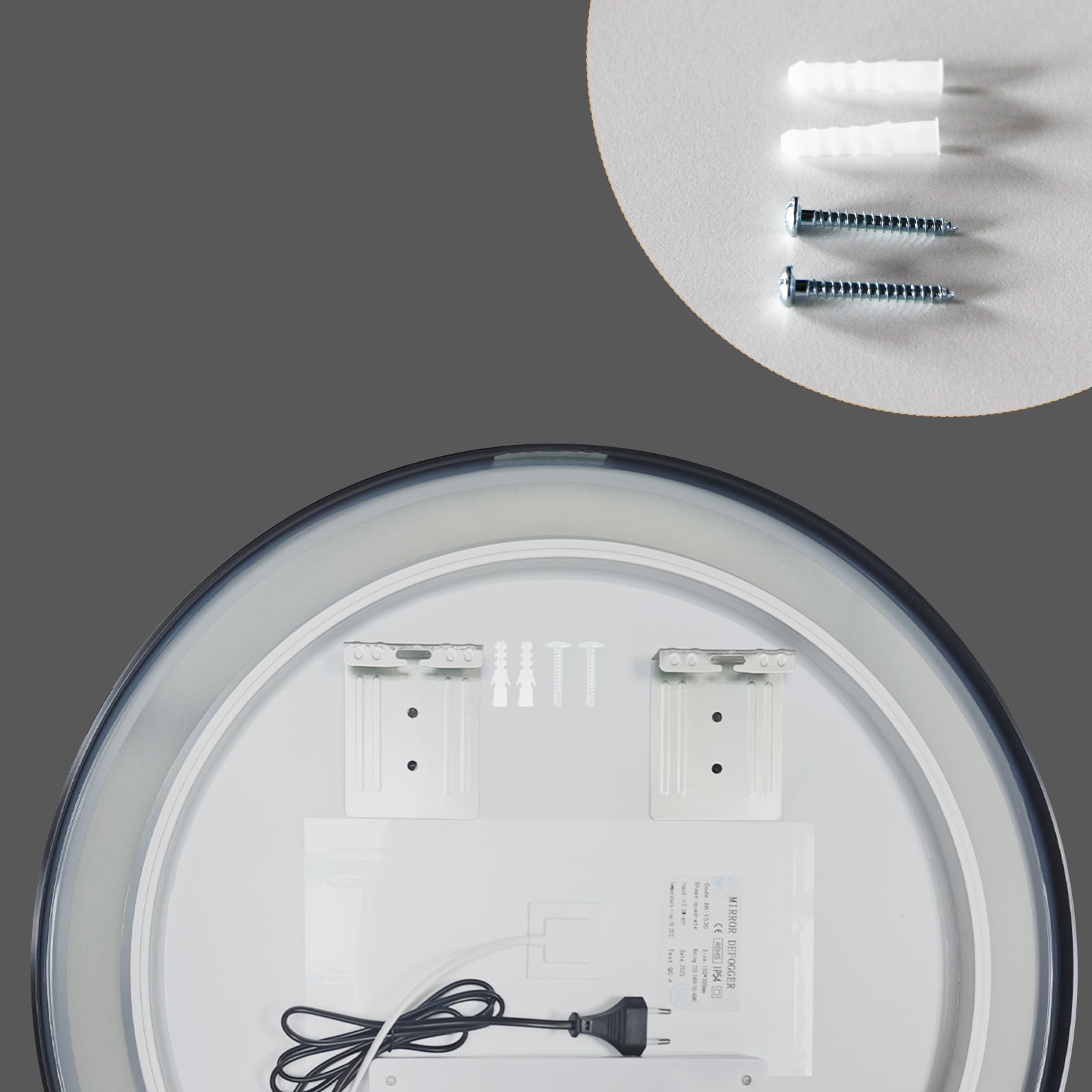 Miroir LED Rond Ø60 cm avec Cadre Aluminium Noir Mat – Éclairage Frontal Dimmable 6000K Blanc Naturel – Fonction Anti-Buée, Prise EU Incluse, Installation Facile, Design Moderne Salle de Bain