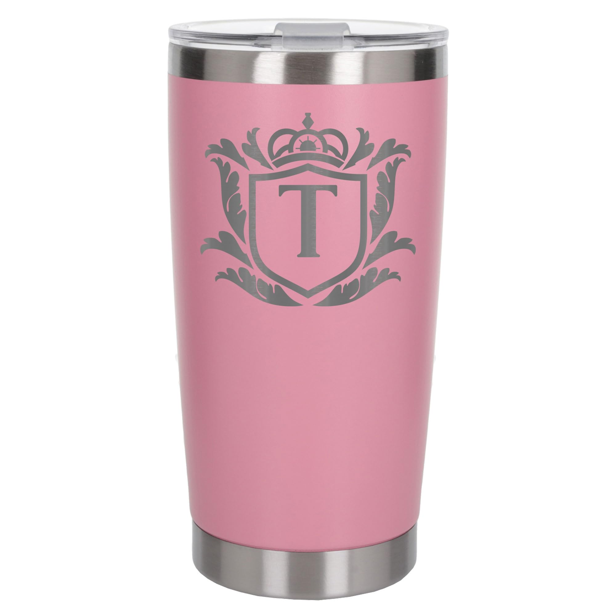 Customised Gifts 500ml Engraved Shield Initial Monogram Insulated Personalised Light Pink Travel Mug for Men and Women - Personalised Initial Coffee Travel Mug for Hot and Cold Beverages, Letter T