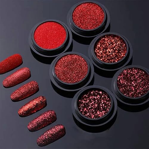 Miniatura 1 de 6 piezas de polvo de uñas rojas con purpurina polvo de uñas cromado rojo 3D holográfico de cristal de diamante para el día de San Valentín Año Nuevo