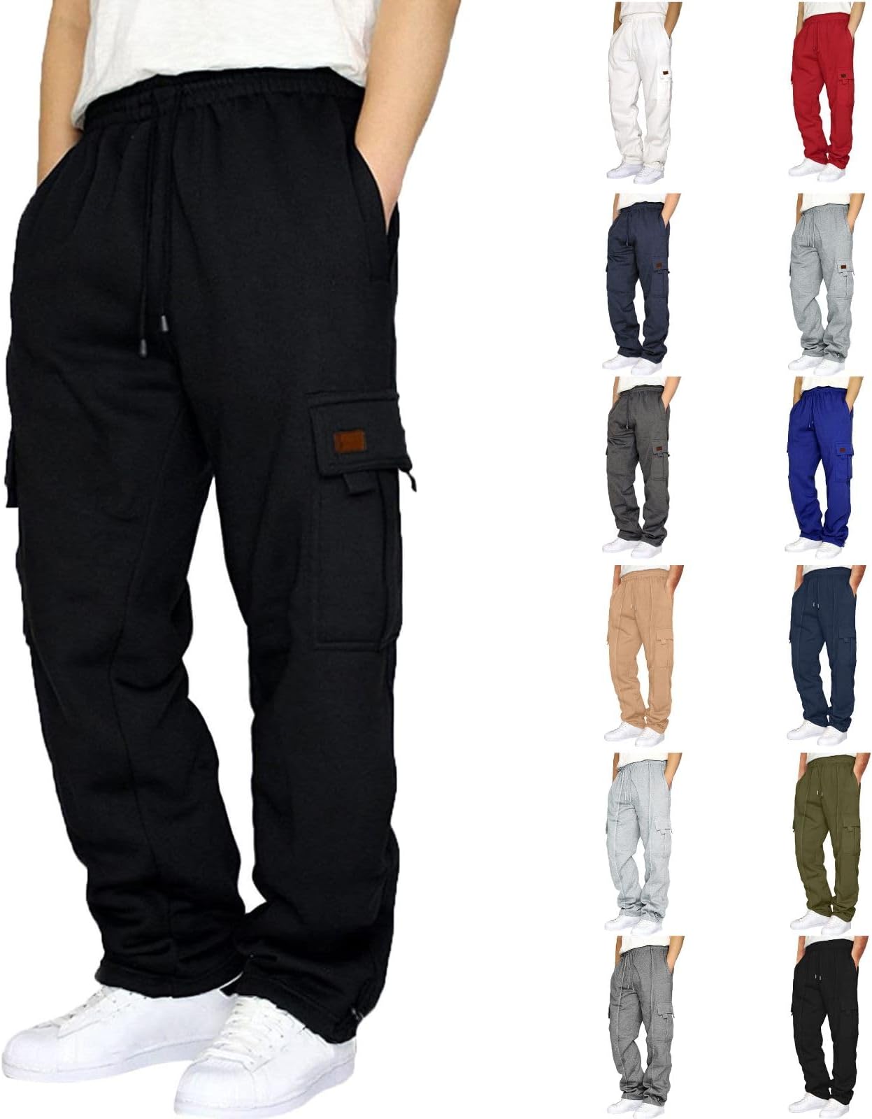 GenericCotton Cargo Sweatpants for Men,Drawstring Casual Loose Fit Joggers Solid Color Multi Pockets Athletic Pants for Men