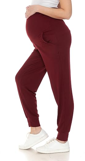 Leggings Depot Maternity Pants for Women Over The Belly Pregnancy Joggers Casual Lounge Pants, Burgundy, M