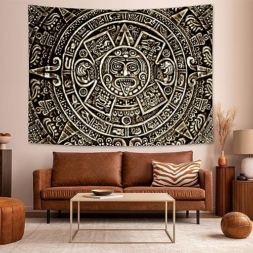 Aztec Mayan Tapestry Wall Hanging, History Close View Of The Ancient Aztec Calendar Mayan Civilization Wall Art Decor, Ethnic Tapestry Wall Hanging Art for Bedroom Living Room Dorm Office 60x40