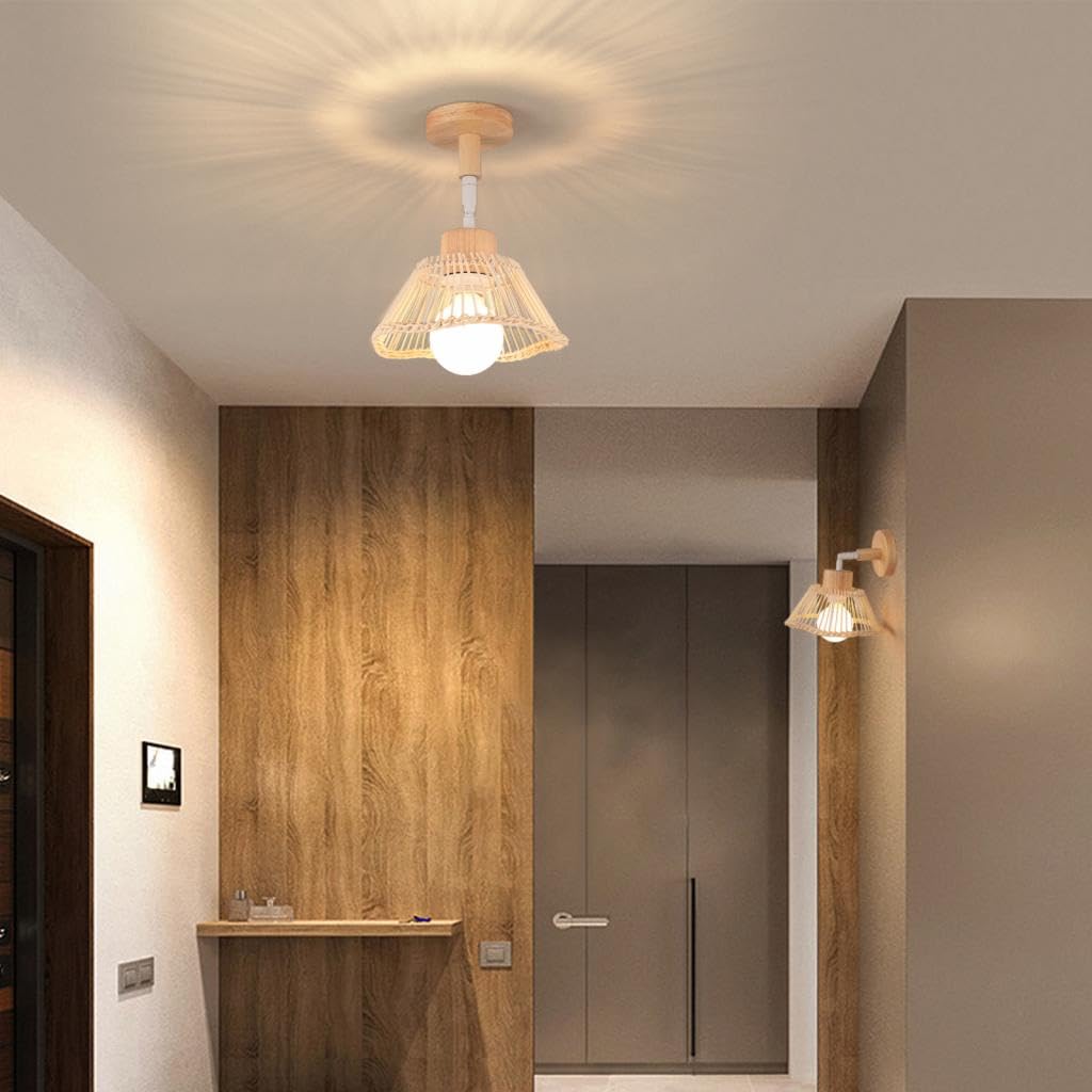 Lot de 2 Applique Murale Bambou Lampes Murale Rétro Réglable Luminaire Applique en Rotin et Bois E27 Lampe de Mur Déco Intérieure pour Chambre,Salon,Balcon,Couloir