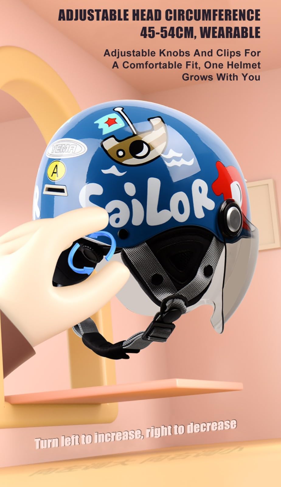 Średni Kask Motocyklowy dla Dzieci, Śliczne Kreskówka Kaski dla Dzieci z daszkiem słonecznym, odpowiednie dla motocykli, Rowery Ulicowe dla Dzieci 6-15 Lat