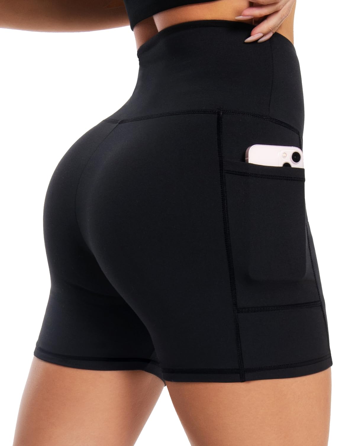 BLONGW Radlerhose Damen mit Taschen Kurze Hose Sporthose High Waist Leggings Blickdicht Sportshorts Elastische Yogahose Sommer Hotpants Dehnbar Laufhose für Gym Sport Shorts Fitness Alltag