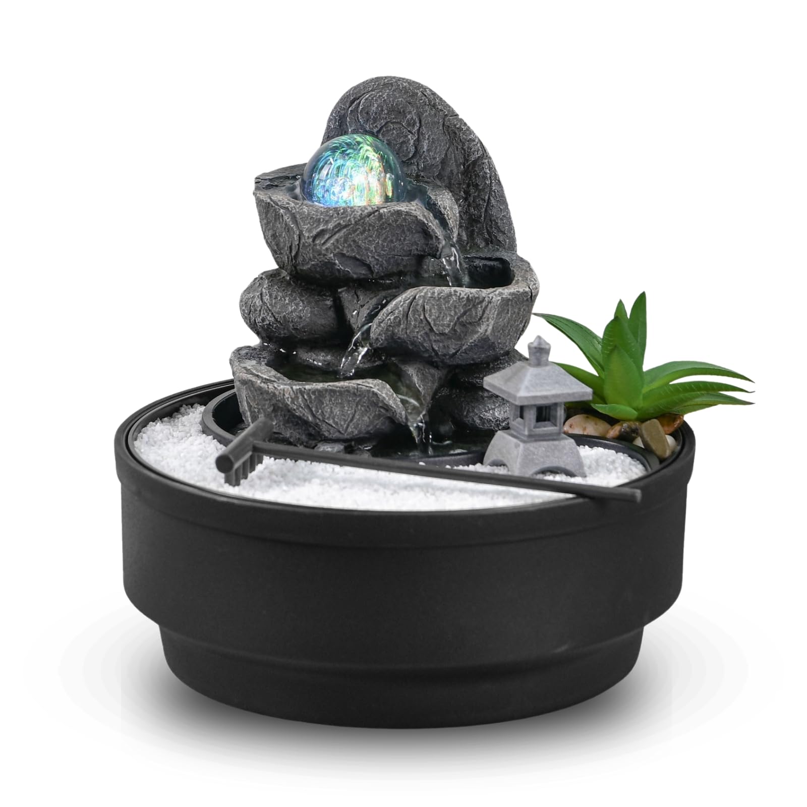 Fuente de Interior Jardín Zen, Bola de Cristal Luminosa de Rotación, LED Colorido, Decoración Ambiente Relajante, Jardín Zen Arena Blanco, Fuente de Mesa Circuito Cerrado, H21 cm - Bogotá Zen'Light
