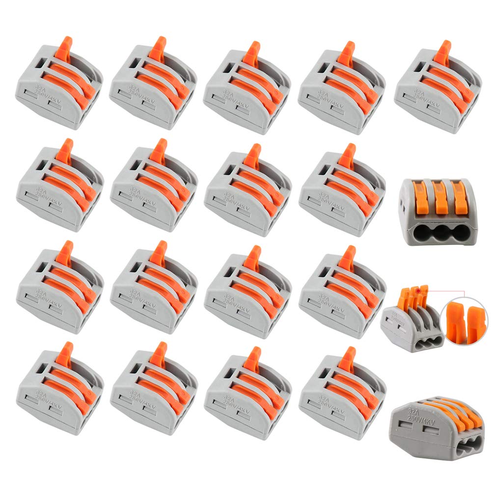 Compact Conductor Terminal Block with 3 Port Lever Cable Wire Spring Terminal Connector 400 V 28-12 AWG Pack of 20