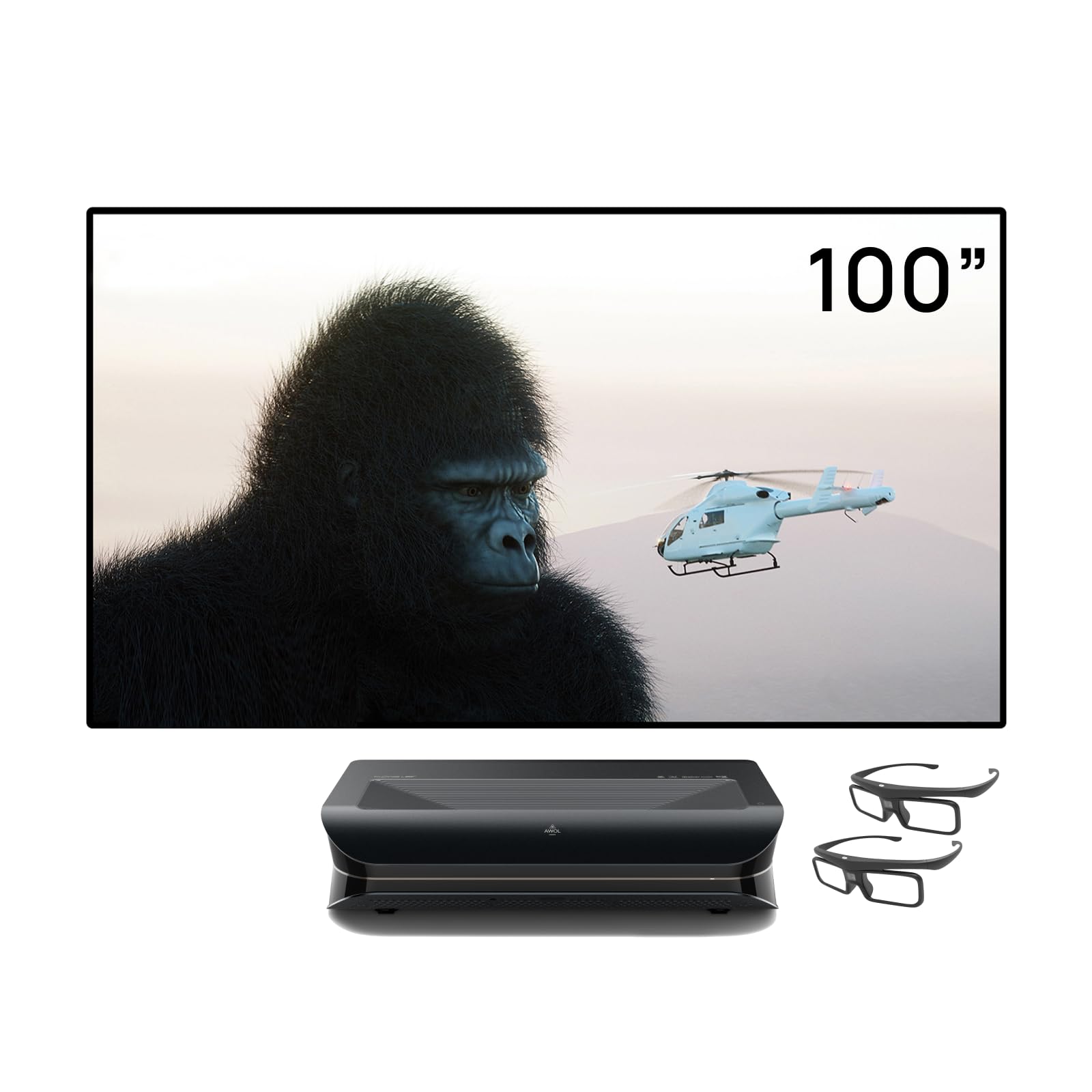 AWOL VISION Heimkino Bundle – Enthält LTV-3000 Pro 4K Ultrakurzdistanz Laser Beamer + 100" Mattweiße Leinwand + DLP Link 3D-Brille (2er-Pack)